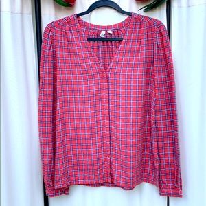 Feminine v-neck red plaid shirt - button-down Pretty!